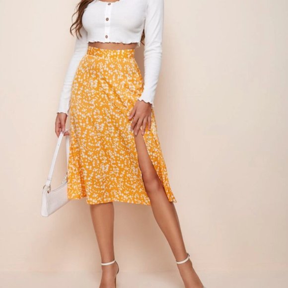 Boho ditsy floral print midi slit skirt GREEN - Picture 4 of 14